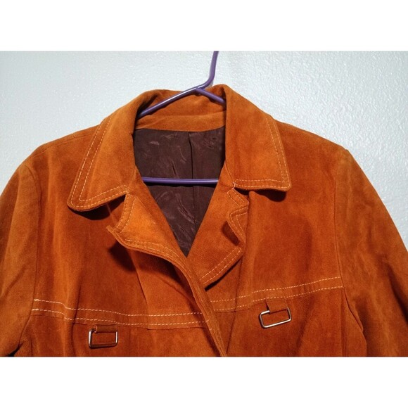 Vintage 70s Suede Trench Coat Rust Brown Belted Long Jacket Boho Western Women's - Picture 10 of 16